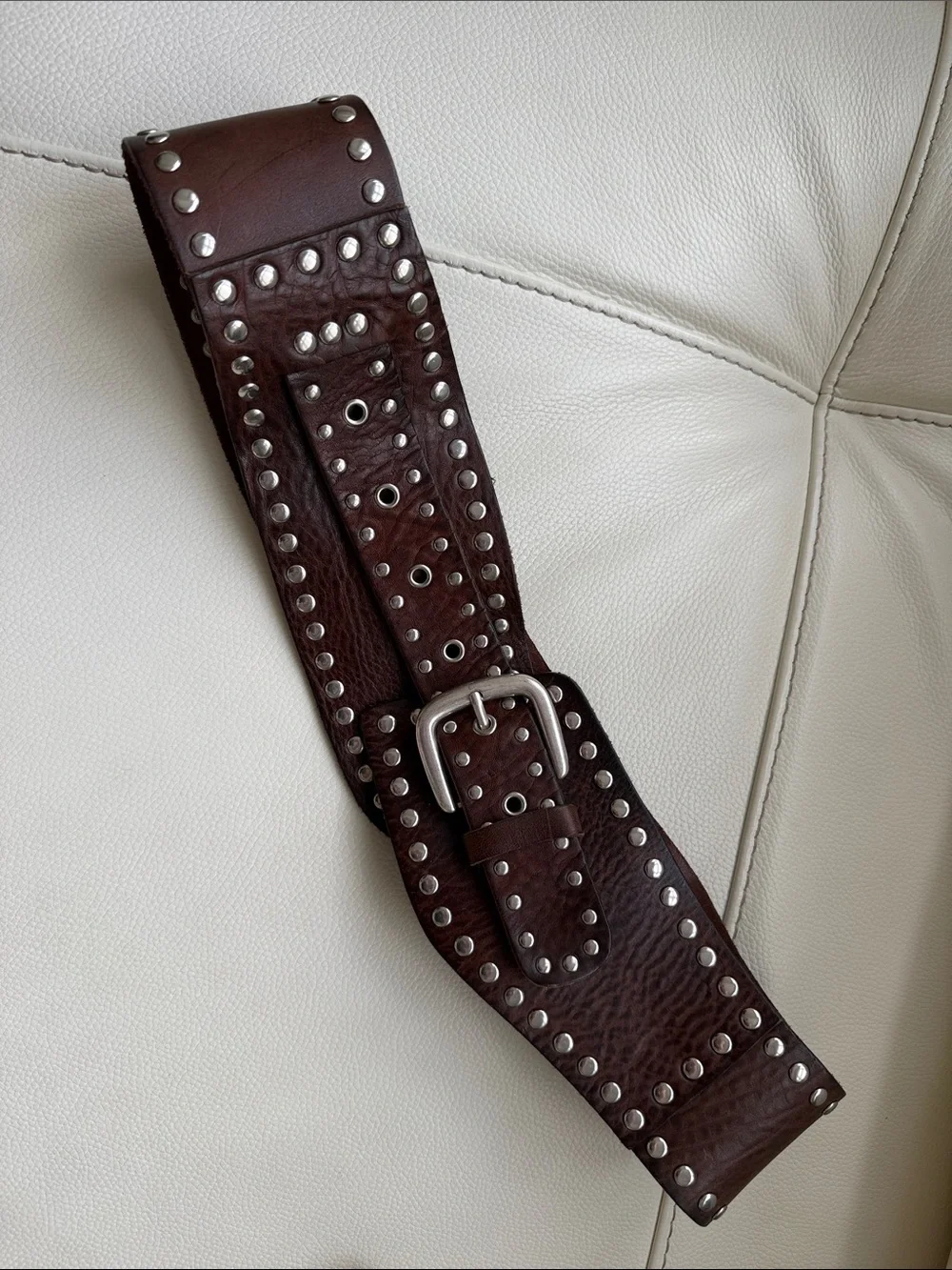 Zara Dark Brown Studded Wide Leather Belt with Silver Hardware